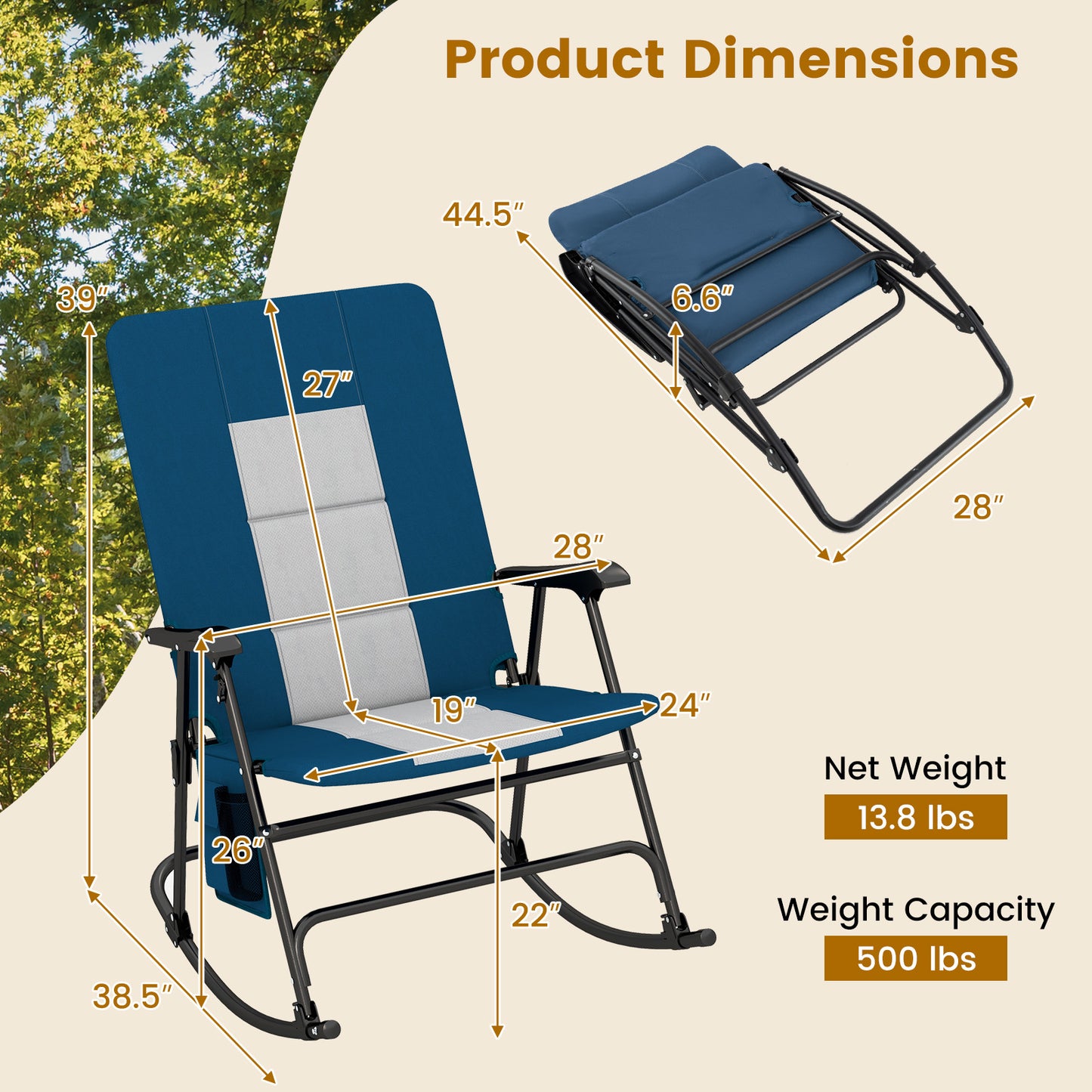 Foldable Rocking Padded Portable Camping Chair with Backrest and Armrest, Blue Patio Rocking Chairs & Gliders at Gallery Canada