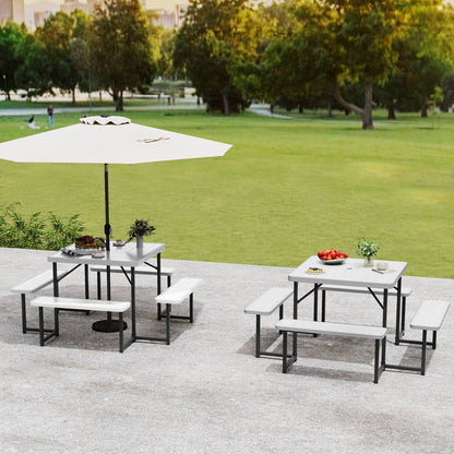 Outdoor Square Picnic Table Bench Set for 4-8 People with Umbrella Hole, White Picnic Tables at Gallery Canada