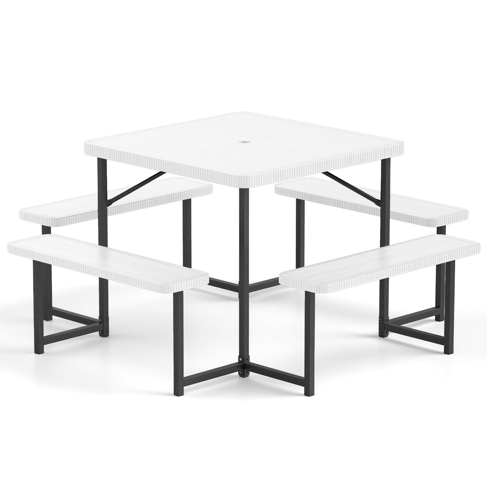 Square Picnic Table Bench Set, 4-8 People, Umbrella Hole, White Picnic Tables at Gallery Canada