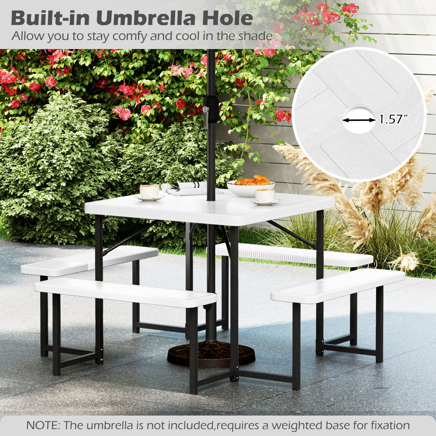 Outdoor Square Picnic Table Bench Set for 4-8 People with Umbrella Hole, White Picnic Tables at Gallery Canada