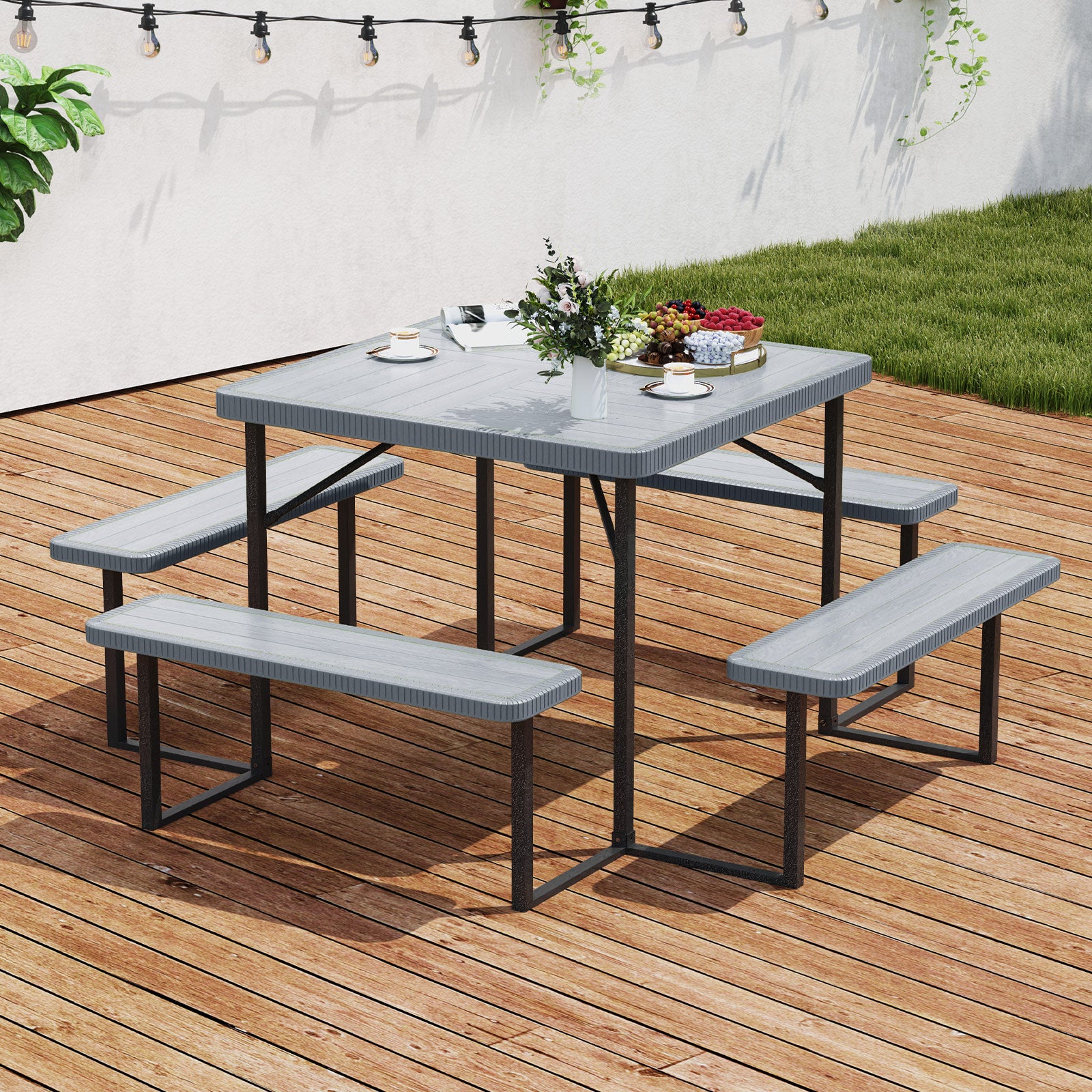 Outdoor Square Picnic Table Bench Set for 4-8 People with Umbrella Hole, Gray Picnic Tables at Gallery Canada