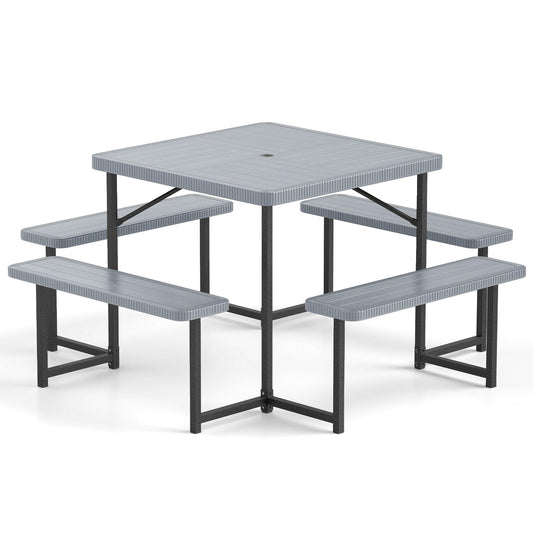 Ensemble de Table de Pique-nique Carrée avec Bancs, 4-8 Personnes, Trou pour Parapluie, Gris
