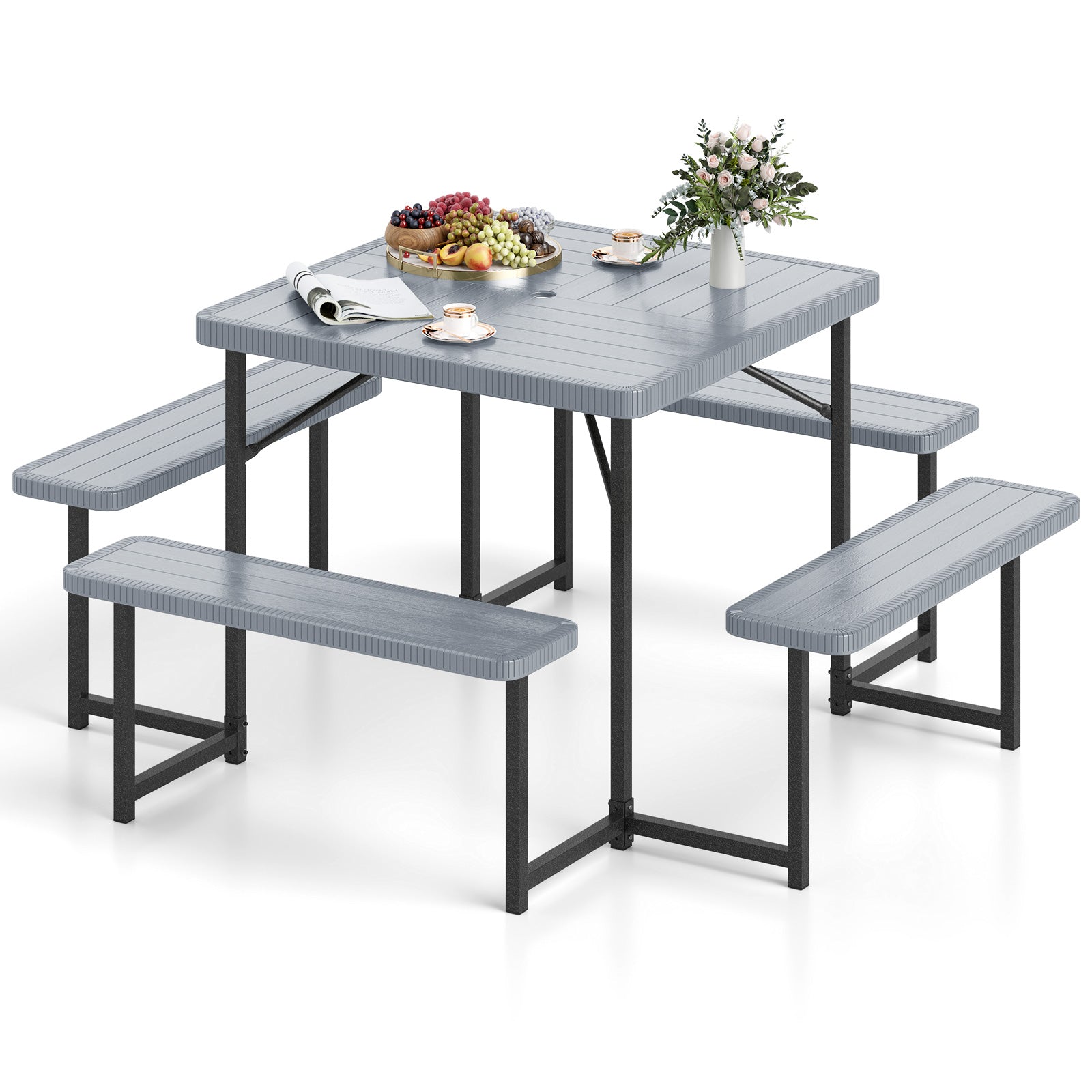 Outdoor Square Picnic Table Bench Set for 4-8 People with Umbrella Hole, Gray Picnic Tables at Gallery Canada