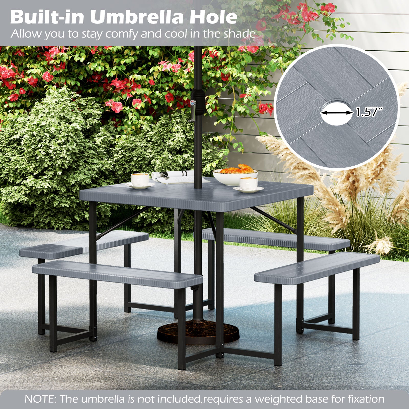 Outdoor Square Picnic Table Bench Set for 4-8 People with Umbrella Hole, Gray Picnic Tables at Gallery Canada