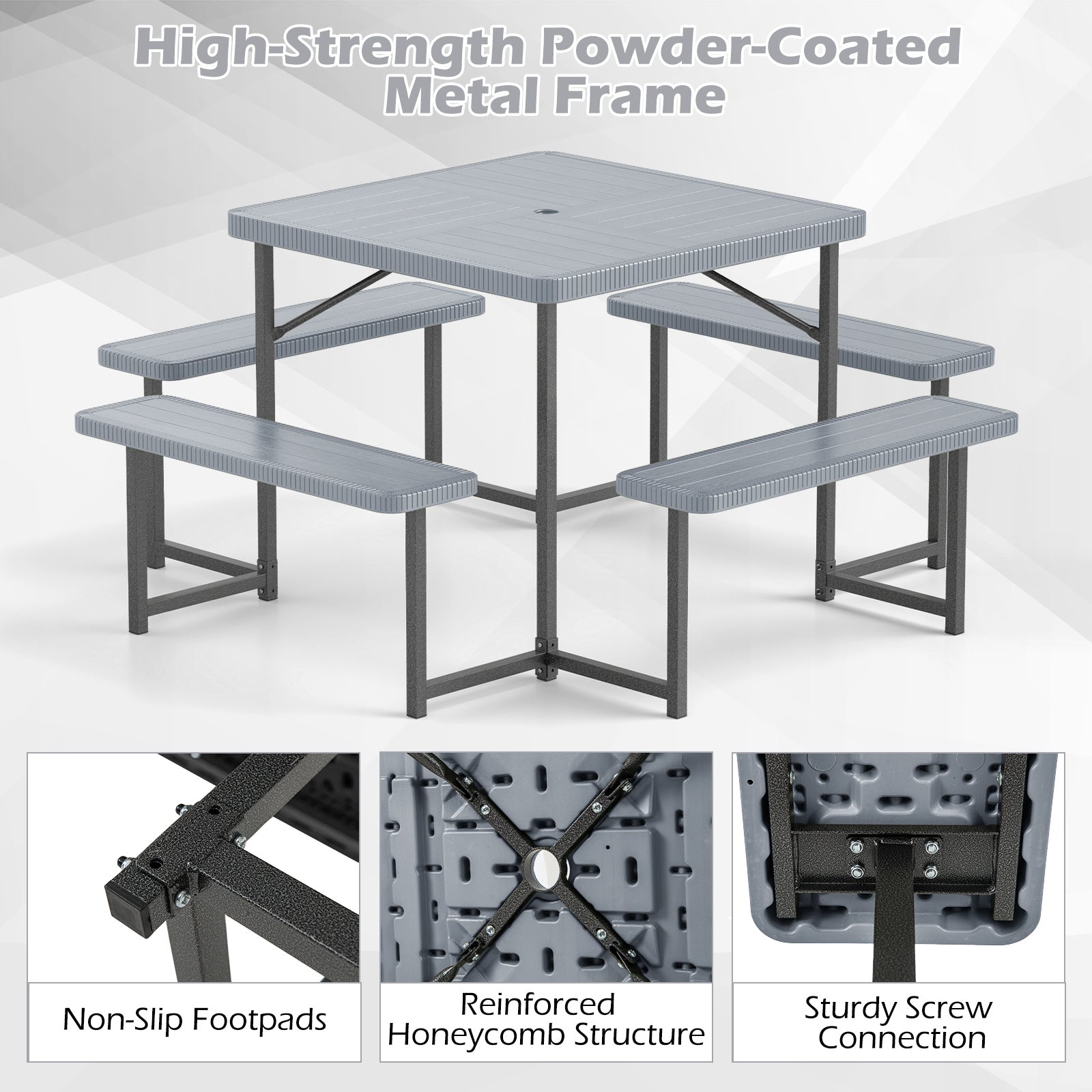 Outdoor Square Picnic Table Bench Set for 4-8 People with Umbrella Hole, Gray Picnic Tables at Gallery Canada