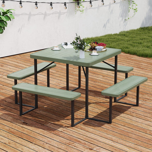 Outdoor Square Picnic Table Bench Set for 4-8 People with Umbrella Hole, Green