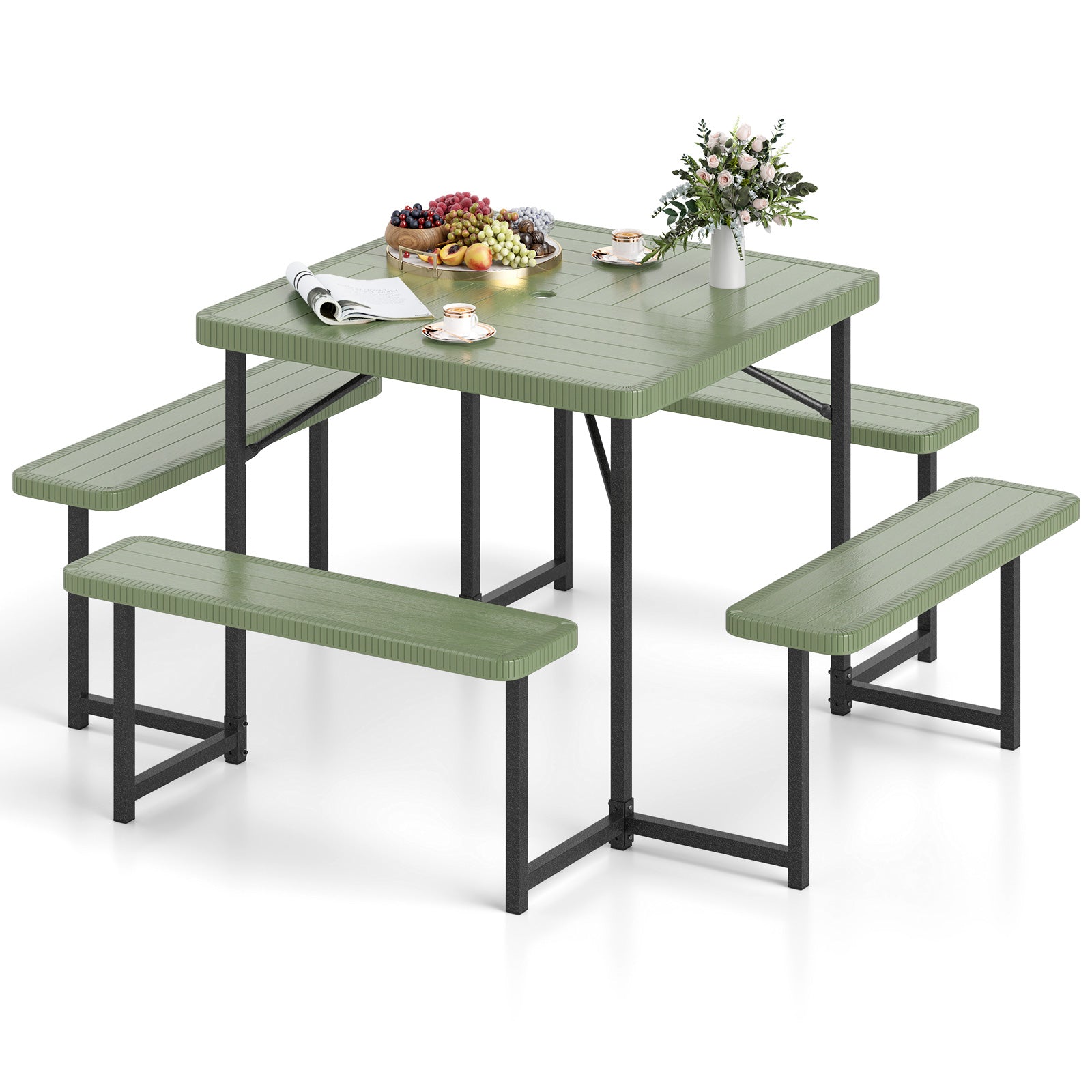 Outdoor Square Picnic Table Bench Set for 4-8 People with Umbrella Hole, Green Picnic Tables at Gallery Canada