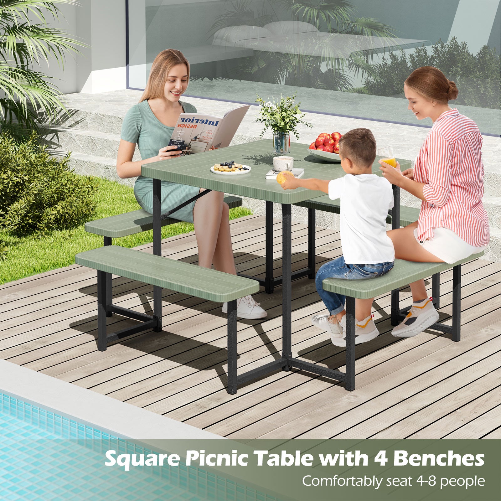 Outdoor Square Picnic Table Bench Set for 4-8 People with Umbrella Hole, Green Picnic Tables at Gallery Canada