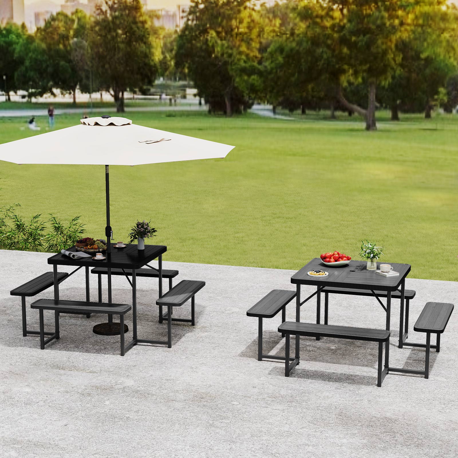 Outdoor Square Picnic Table Bench Set for 4-8 People with Umbrella Hole, Black Picnic Tables at Gallery Canada