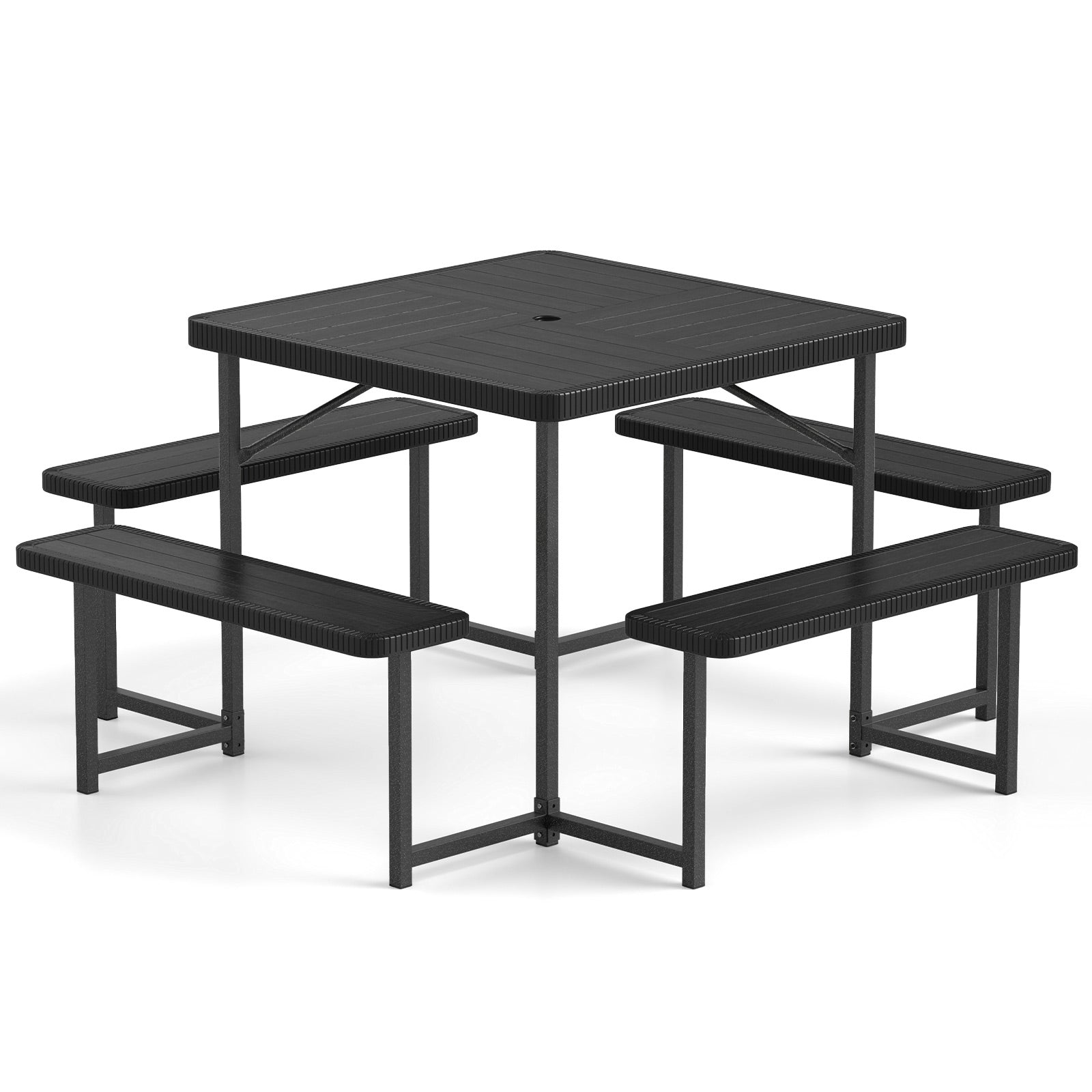Outdoor Square Picnic Table Bench Set for 4-8 People with Umbrella Hole, Black Picnic Tables at Gallery Canada