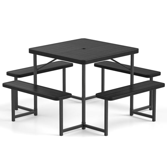 Outdoor Square Picnic Table Bench Set for 4-8 People with Umbrella Hole, Black Picnic Tables Black at Gallery Canada