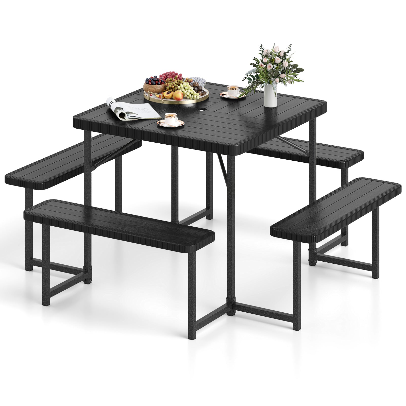 Outdoor Square Picnic Table Bench Set for 4-8 People with Umbrella Hole, Black Picnic Tables at Gallery Canada