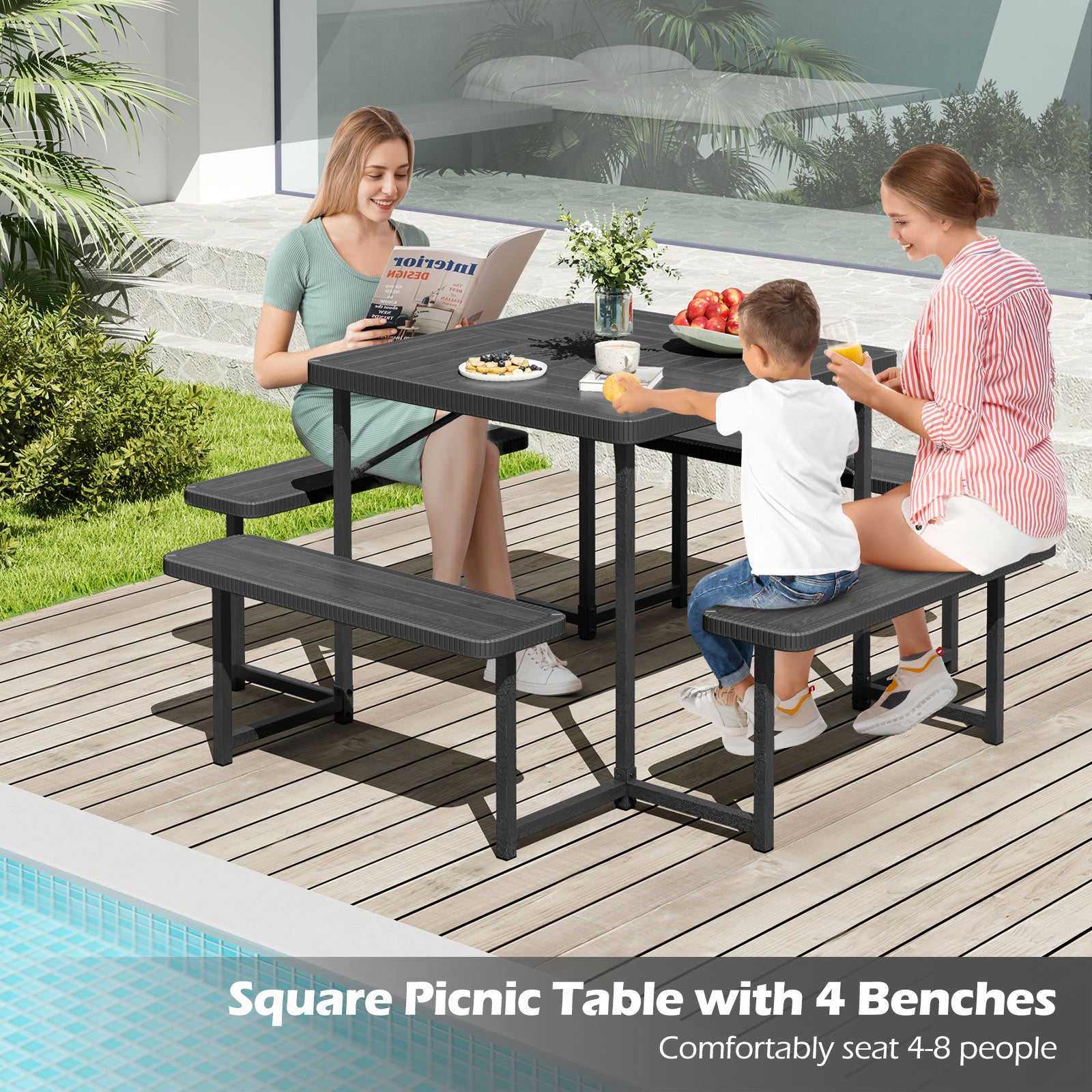Outdoor Square Picnic Table Bench Set for 4-8 People with Umbrella Hole, Black Picnic Tables at Gallery Canada