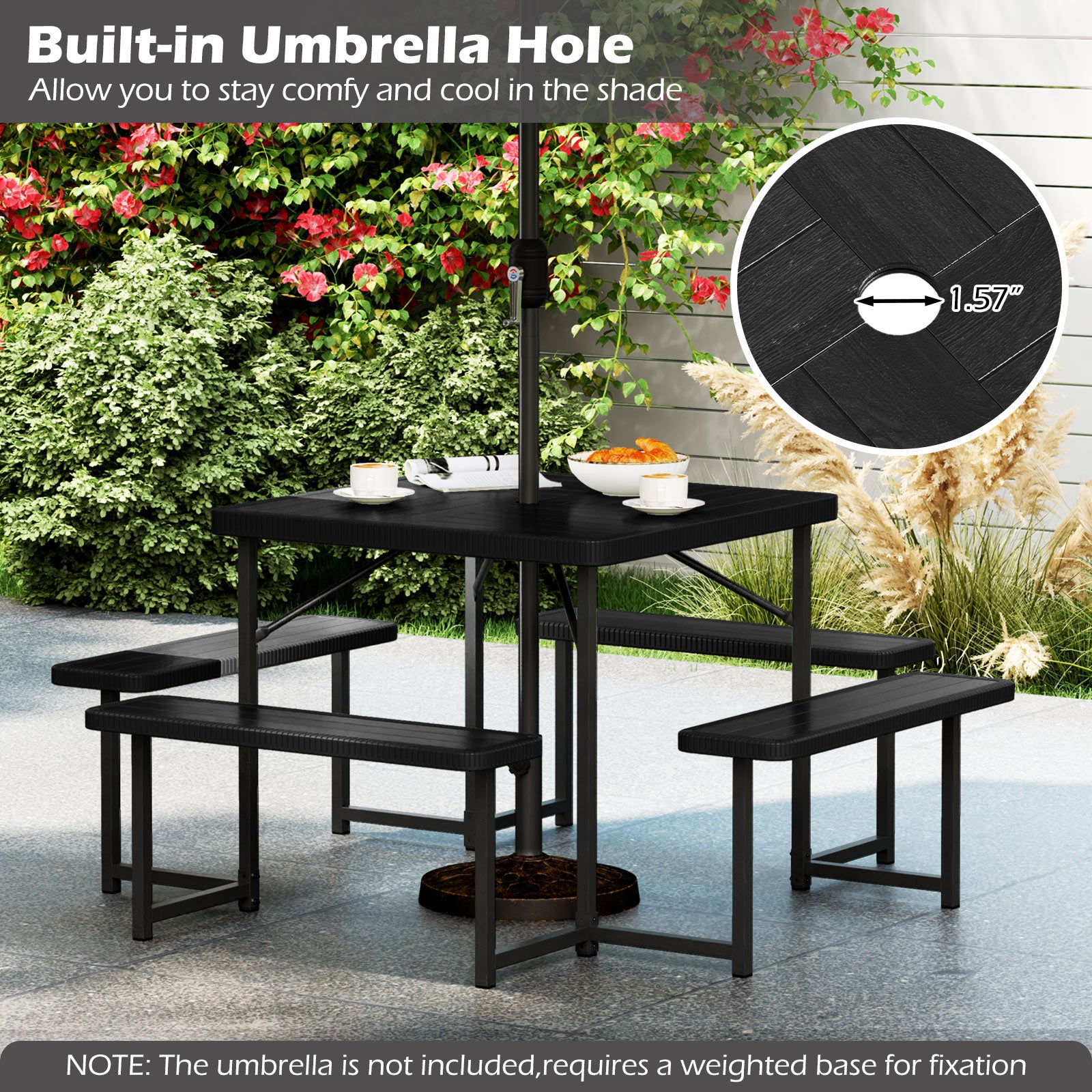 Outdoor Square Picnic Table Bench Set for 4-8 People with Umbrella Hole, Black Picnic Tables at Gallery Canada