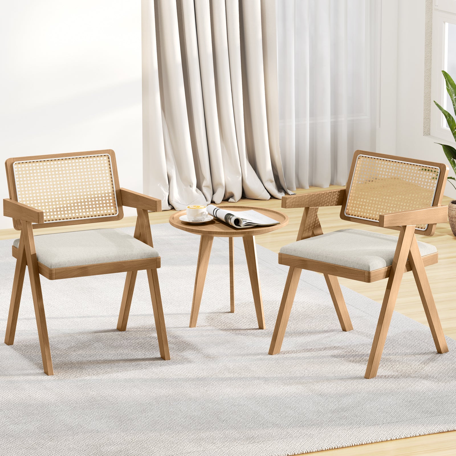 Set of 2 Rattan Accent Chairs with Padded Cushion and Rubber Wood Frame, Beige Dining Chairs at Gallery Canada