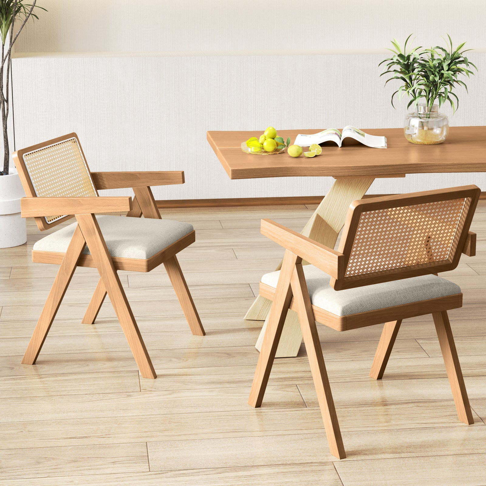 Set of 2 Rattan Accent Chairs with Padded Cushion and Rubber Wood Frame, Beige Dining Chairs at Gallery Canada