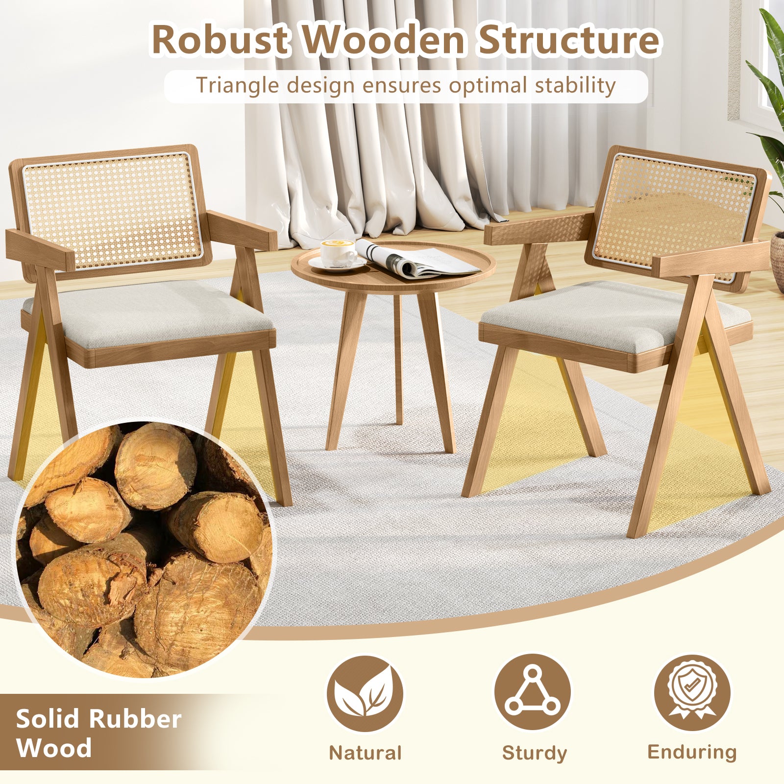 Set of 2 Rattan Accent Chairs with Padded Cushion and Rubber Wood Frame, Beige Dining Chairs at Gallery Canada