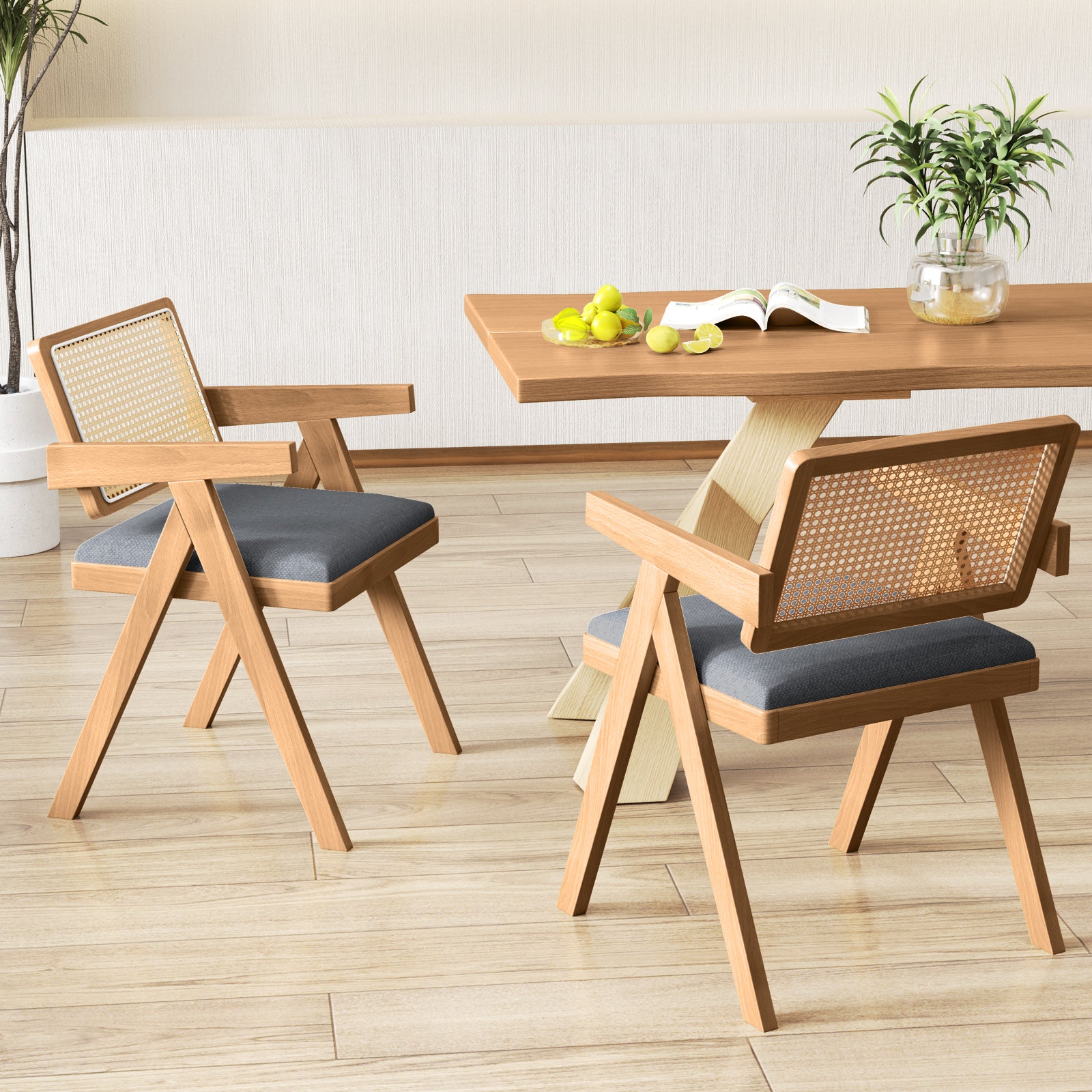 Set of 2 Rattan Accent Chairs with Padded Cushion and Rubber Wood Frame, Gray Dining Chairs at Gallery Canada