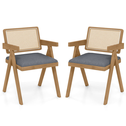 Set of 2 Rattan Accent Chairs with Padded Cushion and Rubber Wood Frame, Gray