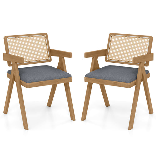 Set Of 2 Rattan Accent Chairs, Padded Cushion, Rubber Wood Frame, Gray