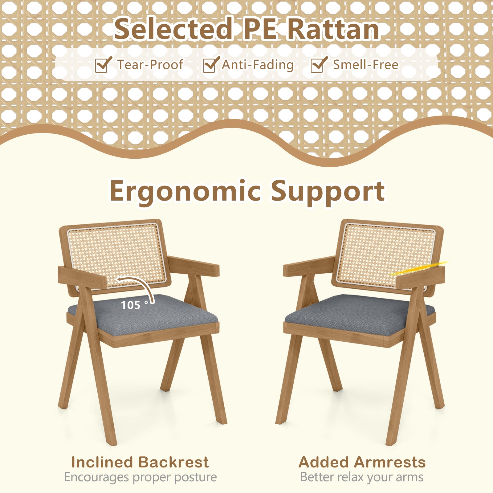 Set of 2 Rattan Accent Chairs with Padded Cushion and Rubber Wood Frame, Gray Dining Chairs at Gallery Canada