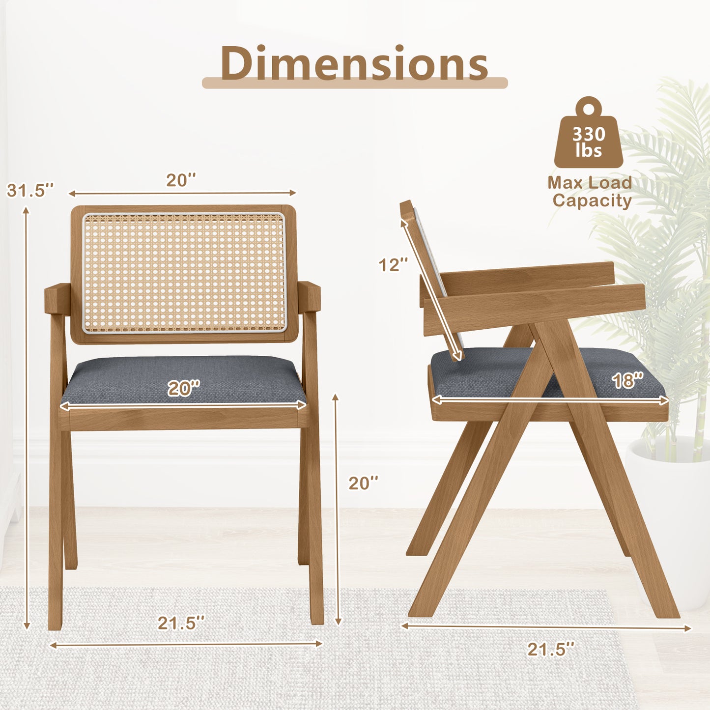 Set of 2 Rattan Accent Chairs with Padded Cushion and Rubber Wood Frame, Gray Dining Chairs at Gallery Canada