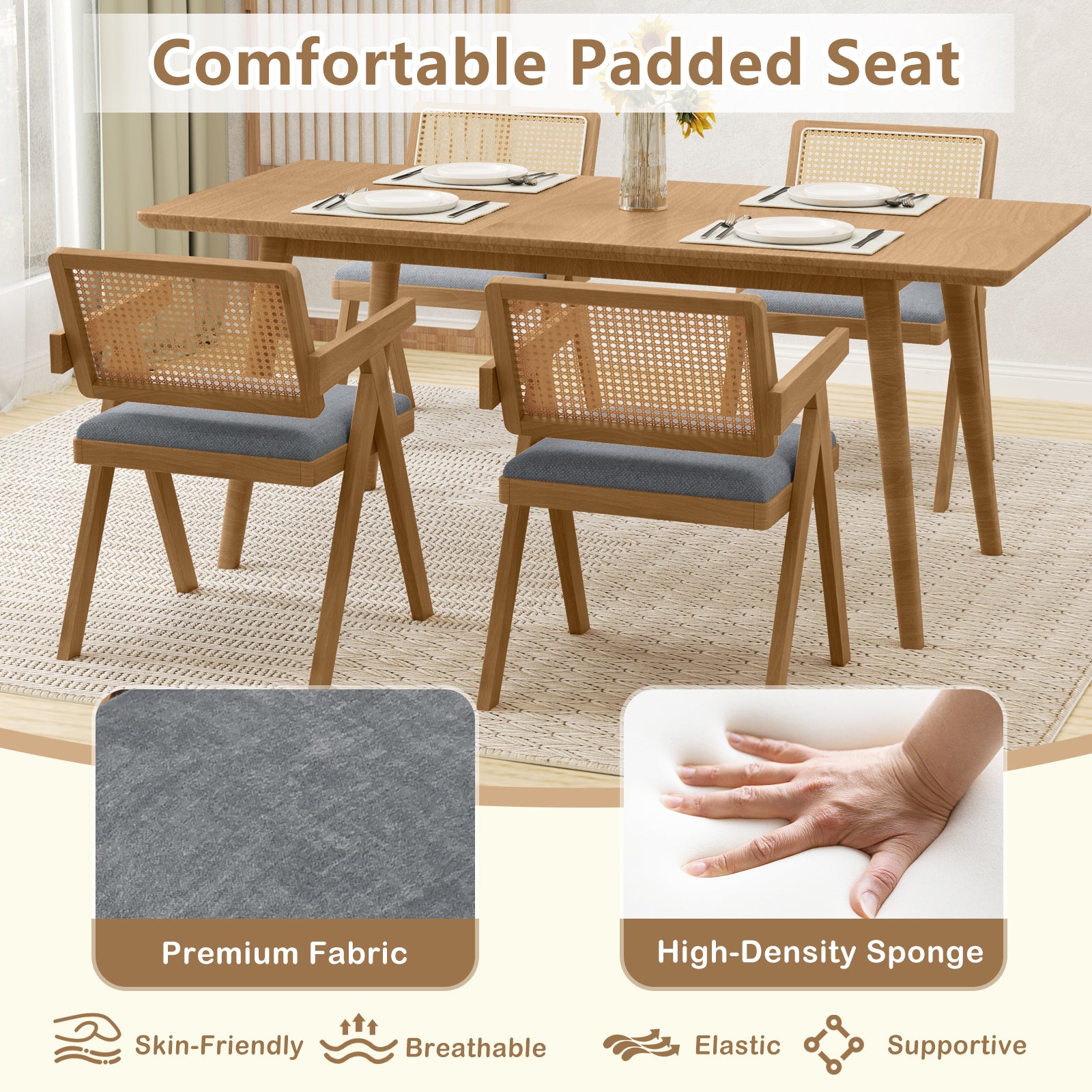 Set of 2 Rattan Accent Chairs with Padded Cushion and Rubber Wood Frame, Gray Dining Chairs at Gallery Canada