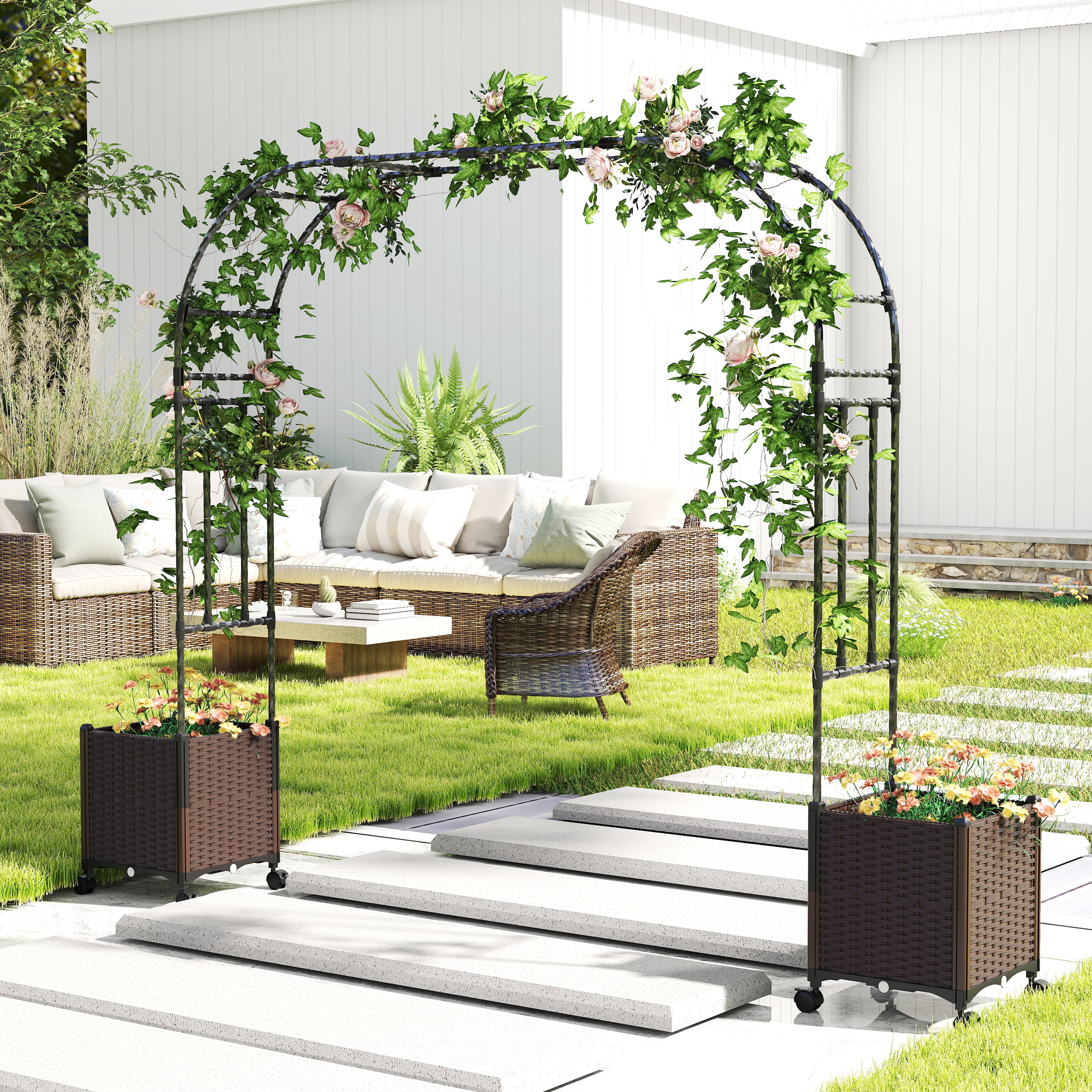 6.6 Feet Garden Arch Trellis with 2 Planter Boxes and Lockable Wheels, Black Outdoor Decor at Gallery Canada