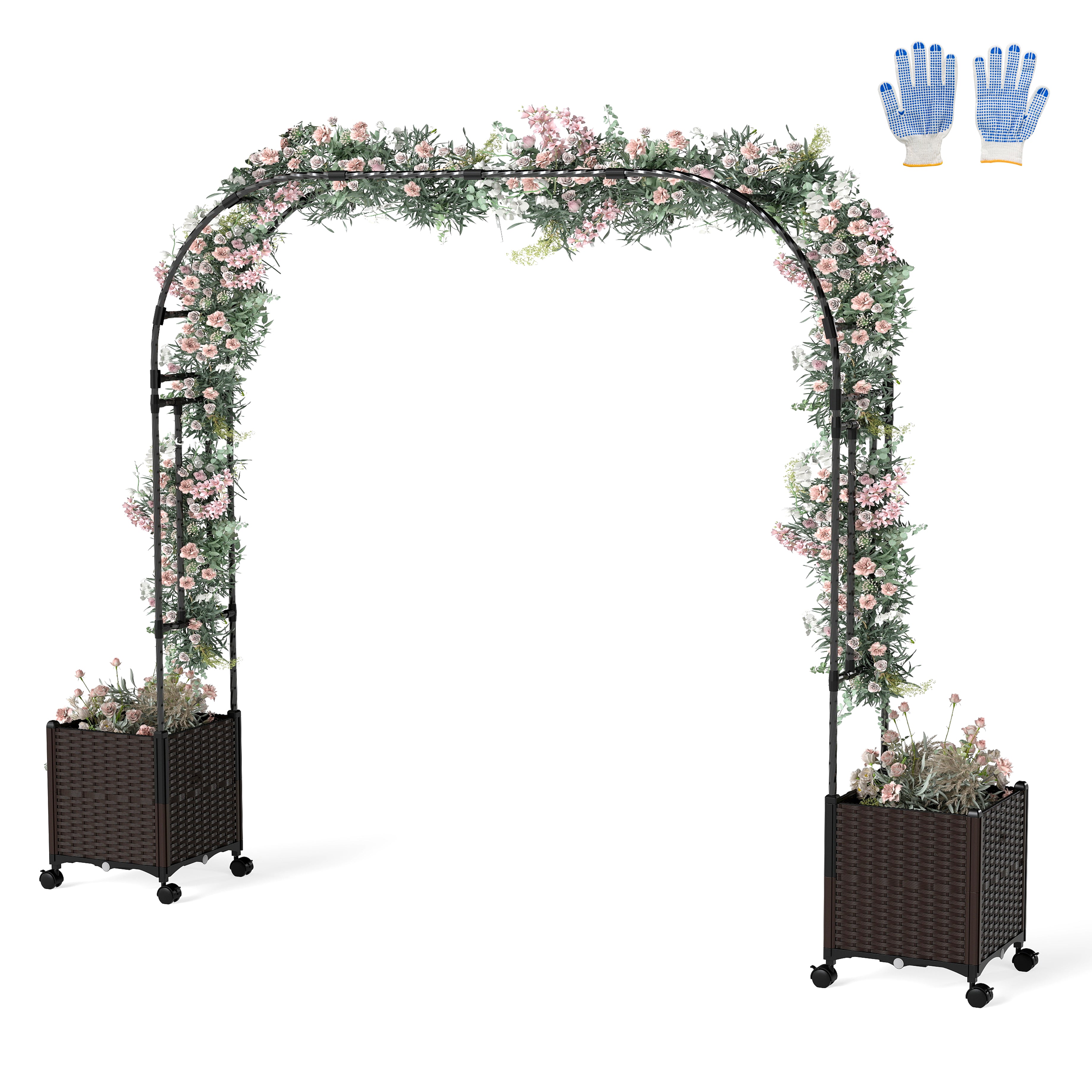 6.6 Feet Garden Arch Trellis with 2 Planter Boxes and Lockable Wheels, Black Outdoor Decor at Gallery Canada