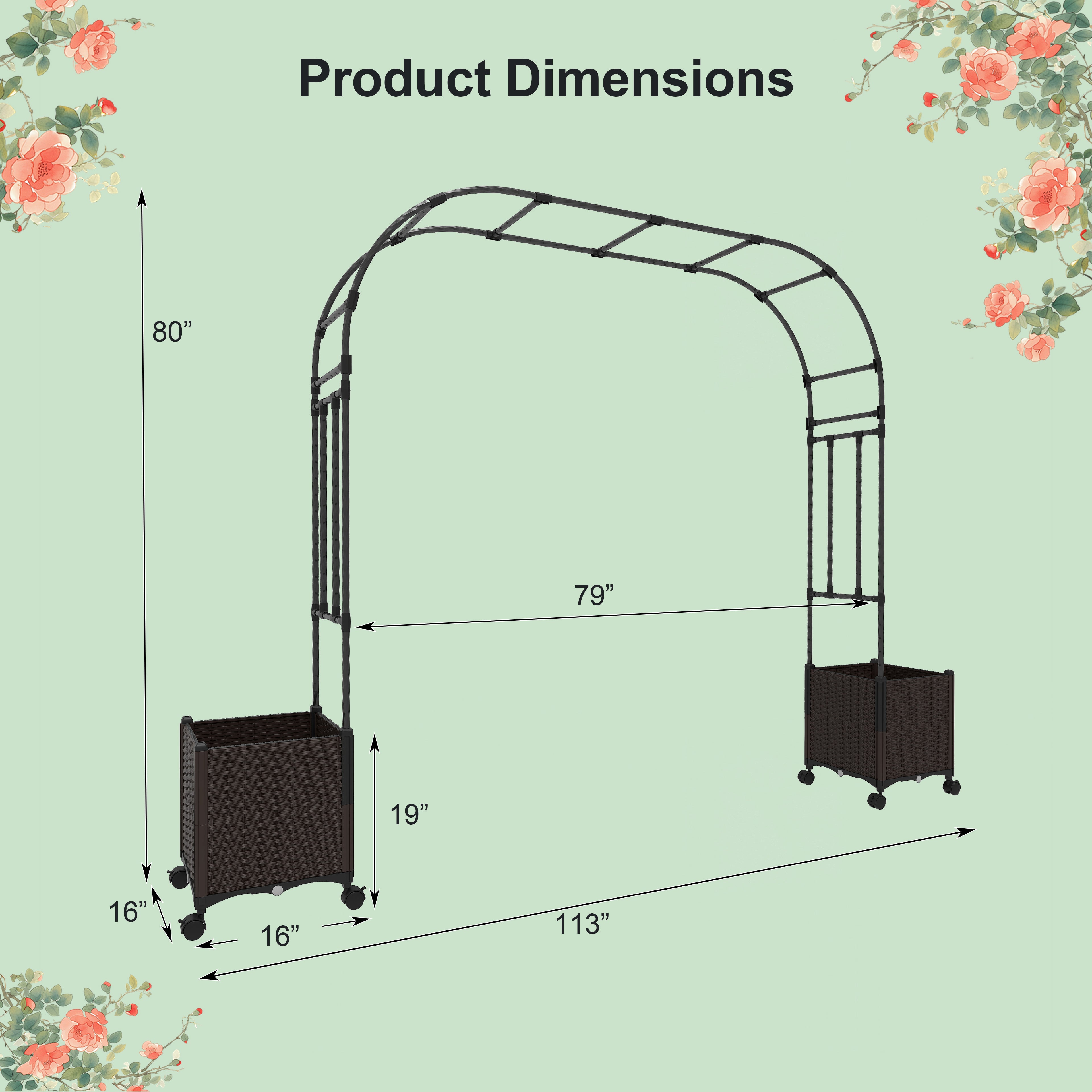 6.6 Feet Garden Arch Trellis with 2 Planter Boxes and Lockable Wheels, Black Outdoor Decor at Gallery Canada