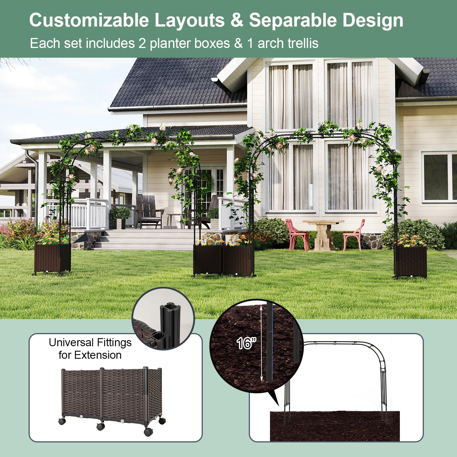 6.6 Feet Garden Arch Trellis with 2 Planter Boxes and Lockable Wheels, Black Outdoor Decor at Gallery Canada