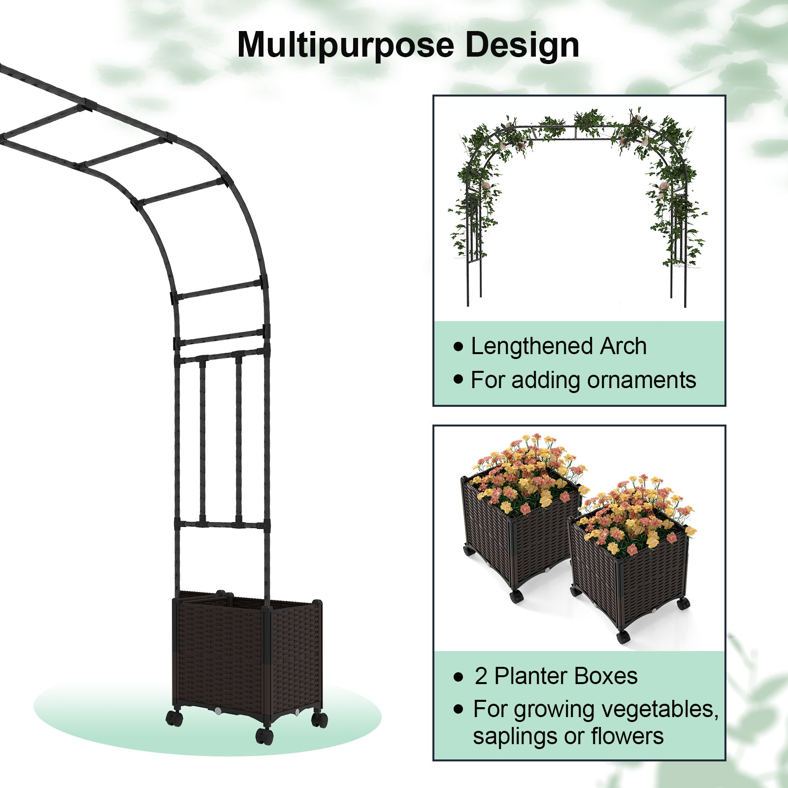 6.6 Feet Garden Arch Trellis with 2 Planter Boxes and Lockable Wheels, Black Outdoor Decor at Gallery Canada