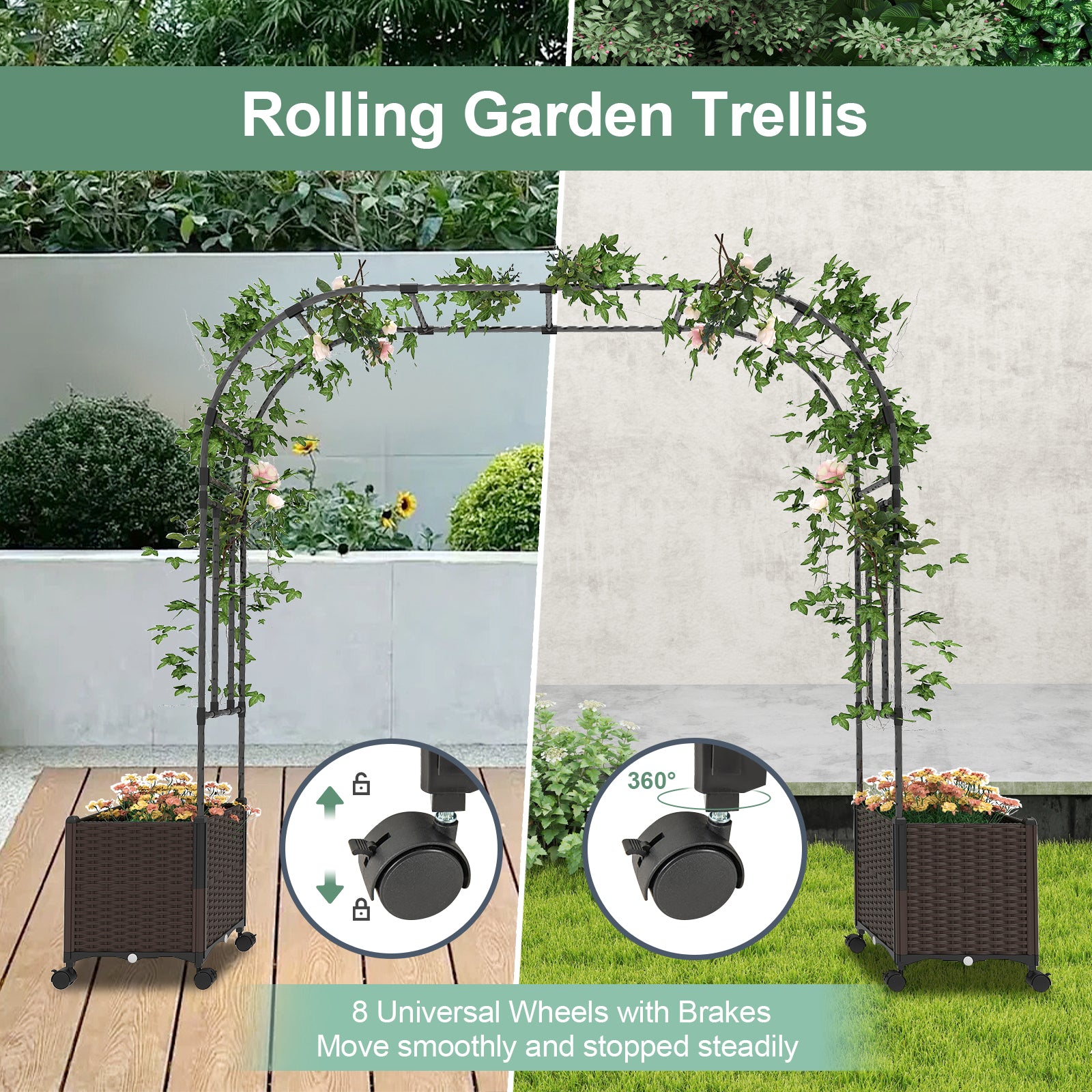 6.6 Feet Garden Arch Trellis with 2 Planter Boxes and Lockable Wheels, Black Outdoor Decor at Gallery Canada