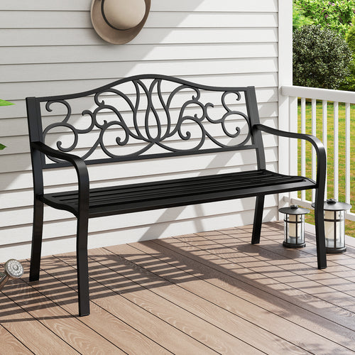 50 Inches Outdoor Garden Bench with Floral Design Backrest and Slatted Seat, Black