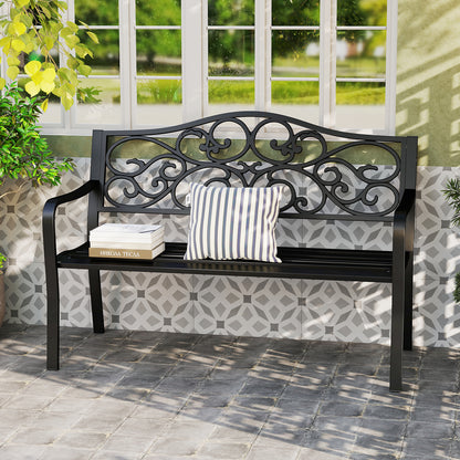 50 Inches Outdoor Garden Bench with Floral Design Backrest and Slatted Seat, Black Outdoor Benches at Gallery Canada
