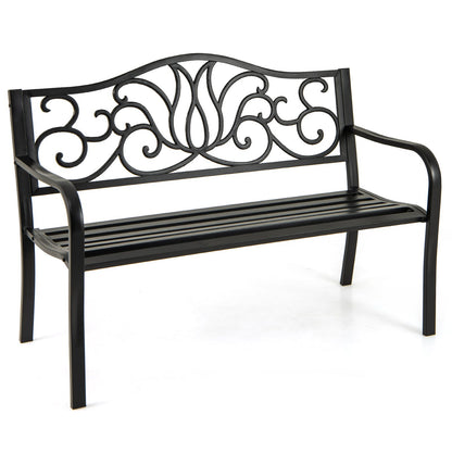 50 Inches Outdoor Garden Bench with Floral Design Backrest and Slatted Seat, Black Outdoor Benches Black at Gallery Canada