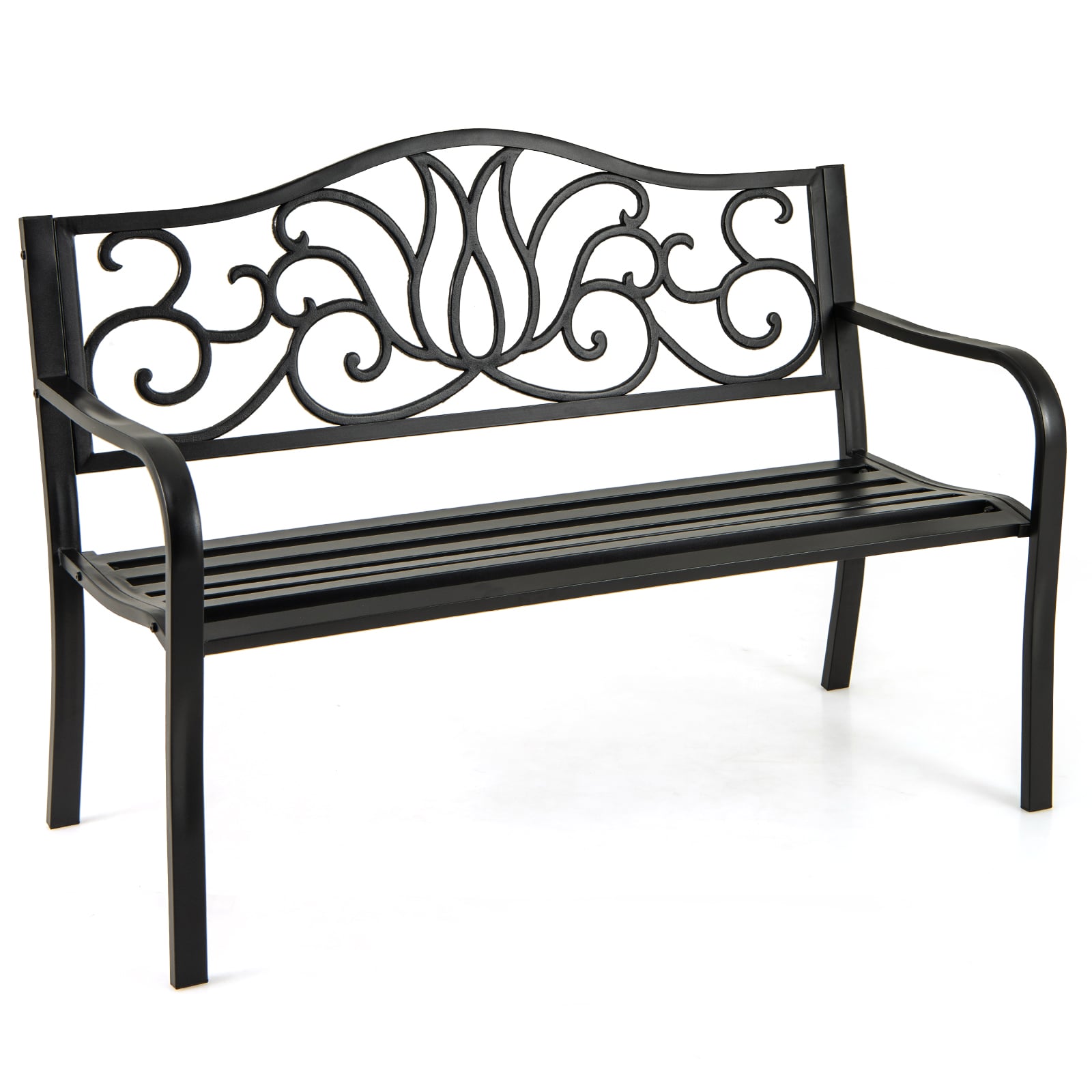 50 Inches Outdoor Garden Bench, Floral Design Backrest, Black Outdoor Benches at Gallery Canada