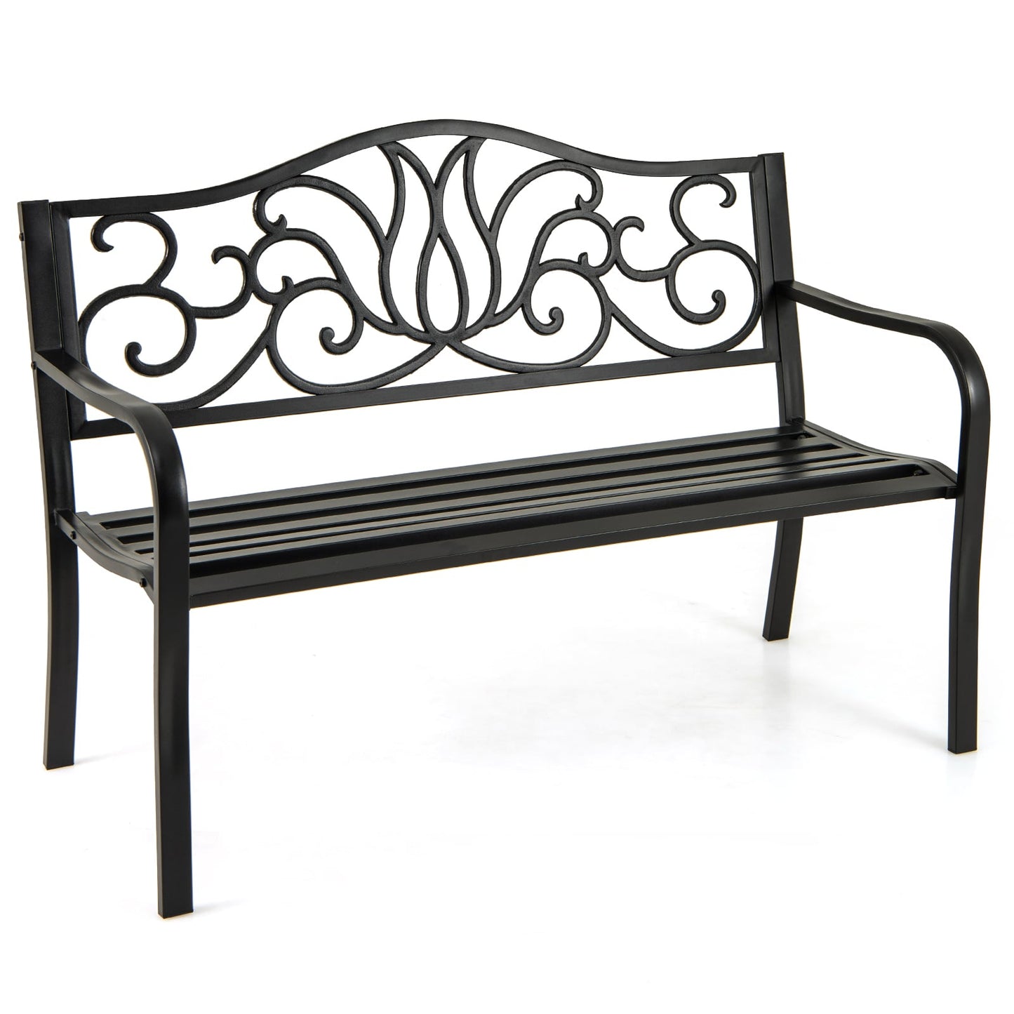 50 Inches Outdoor Garden Bench, Floral Design Backrest, Black Outdoor Benches at Gallery Canada