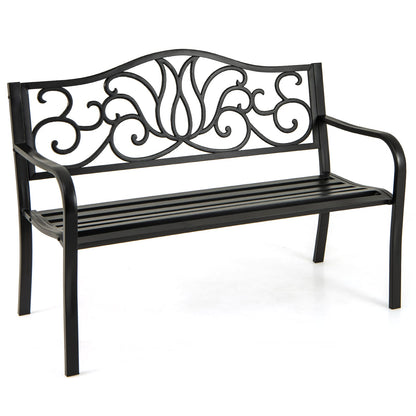 50 Inches Outdoor Garden Bench, Floral Design Backrest, Black Outdoor Benches at Gallery Canada