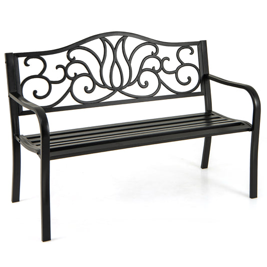 50 Inches Outdoor Garden Bench, Floral Design Backrest, Black Outdoor Benches Black at Gallery Canada