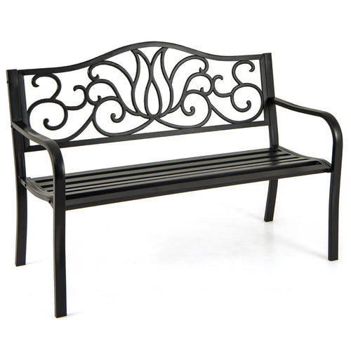 50 Inches Outdoor Garden Bench with Floral Design Backrest and Slatted Seat, Black