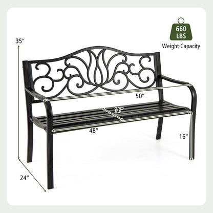 50 Inches Outdoor Garden Bench with Floral Design Backrest and Slatted Seat, Black Outdoor Benches at Gallery Canada