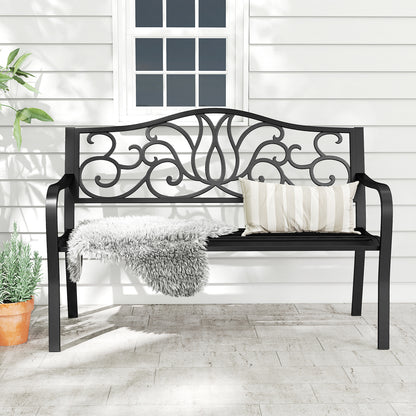50 Inches Outdoor Garden Bench with Floral Design Backrest and Slatted Seat, Black Outdoor Benches at Gallery Canada