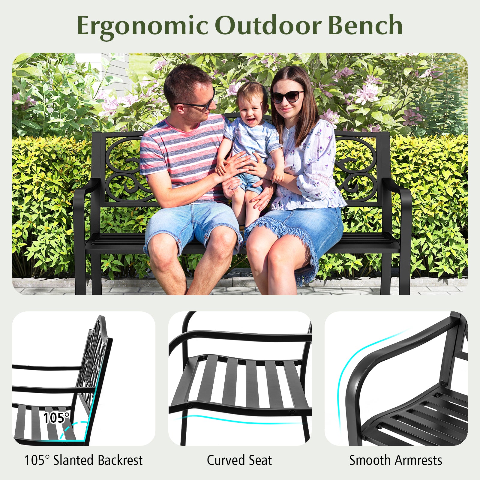 50 Inches Outdoor Garden Bench, Floral Design Backrest, Black Outdoor Benches at Gallery Canada