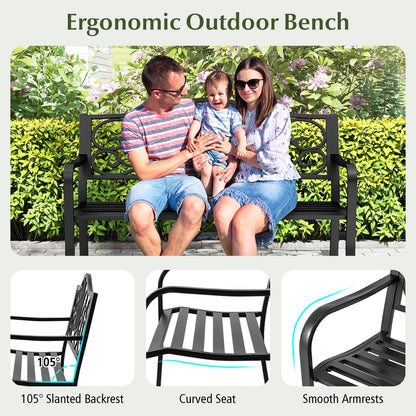50 Inches Outdoor Garden Bench, Floral Design Backrest, Black Outdoor Benches at Gallery Canada