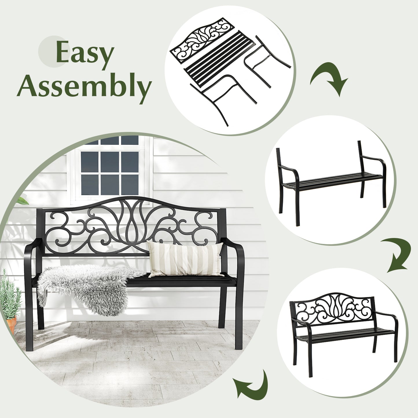 50 Inches Outdoor Garden Bench with Floral Design Backrest and Slatted Seat, Black Outdoor Benches at Gallery Canada