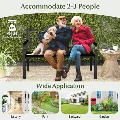 50 Inches Outdoor Garden Bench with Floral Design Backrest and Slatted Seat, Black Outdoor Benches at Gallery Canada