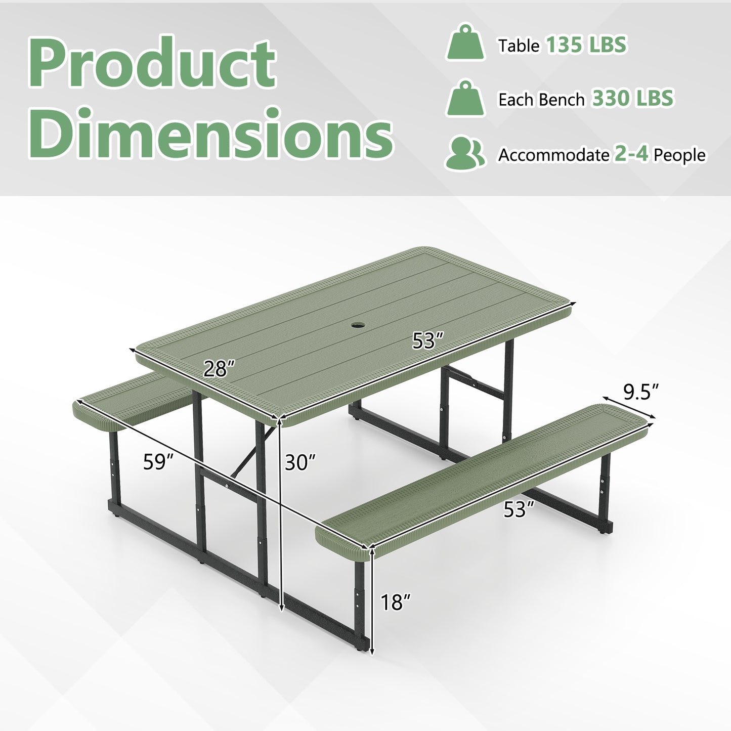Picnic Table Bench Set for 2-4 People Outdoor Rectangular Camping Dining Table, Green Picnic Tables at Gallery Canada