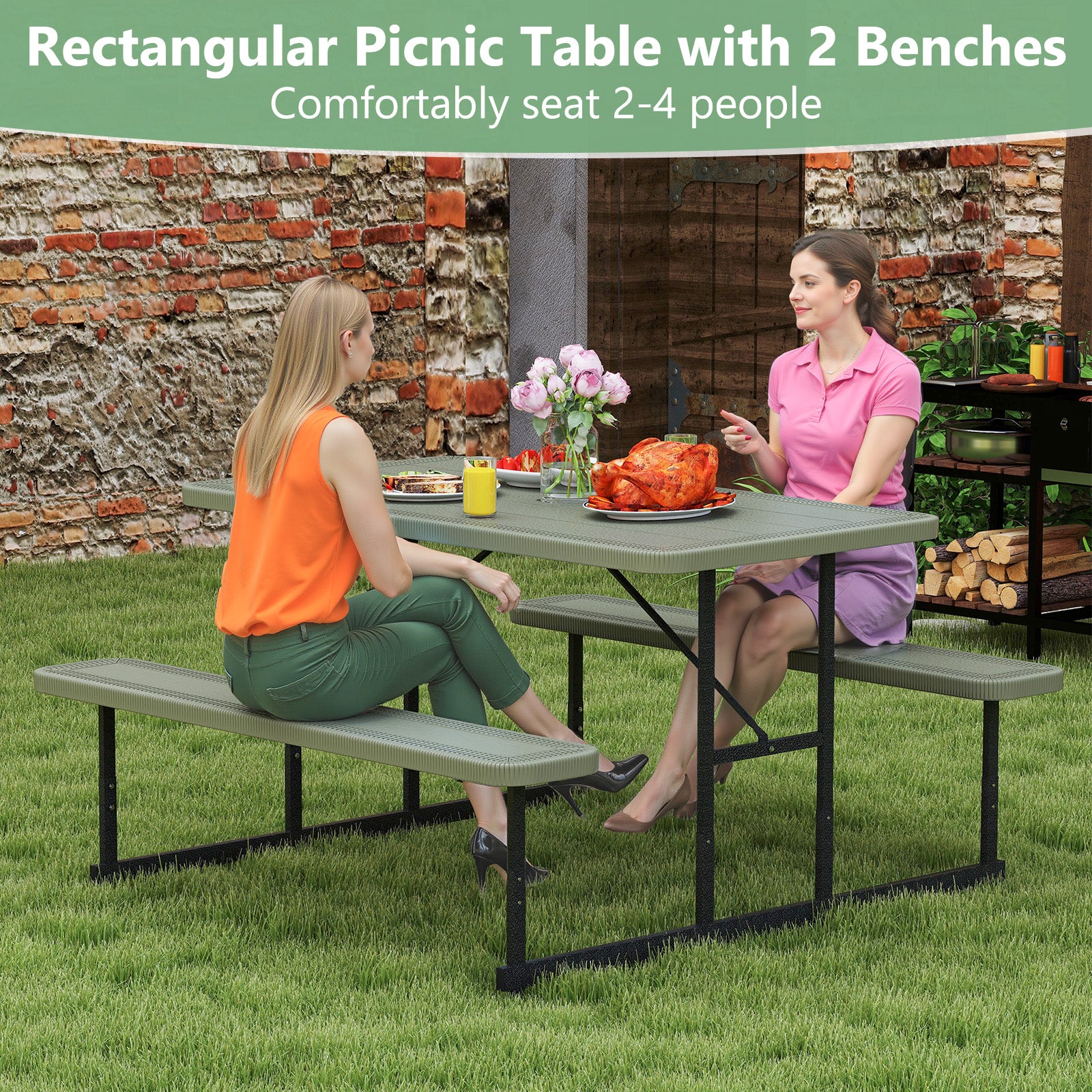 Picnic Table Bench Set for 2-4 People Outdoor Rectangular Camping Dining Table, Green Picnic Tables at Gallery Canada