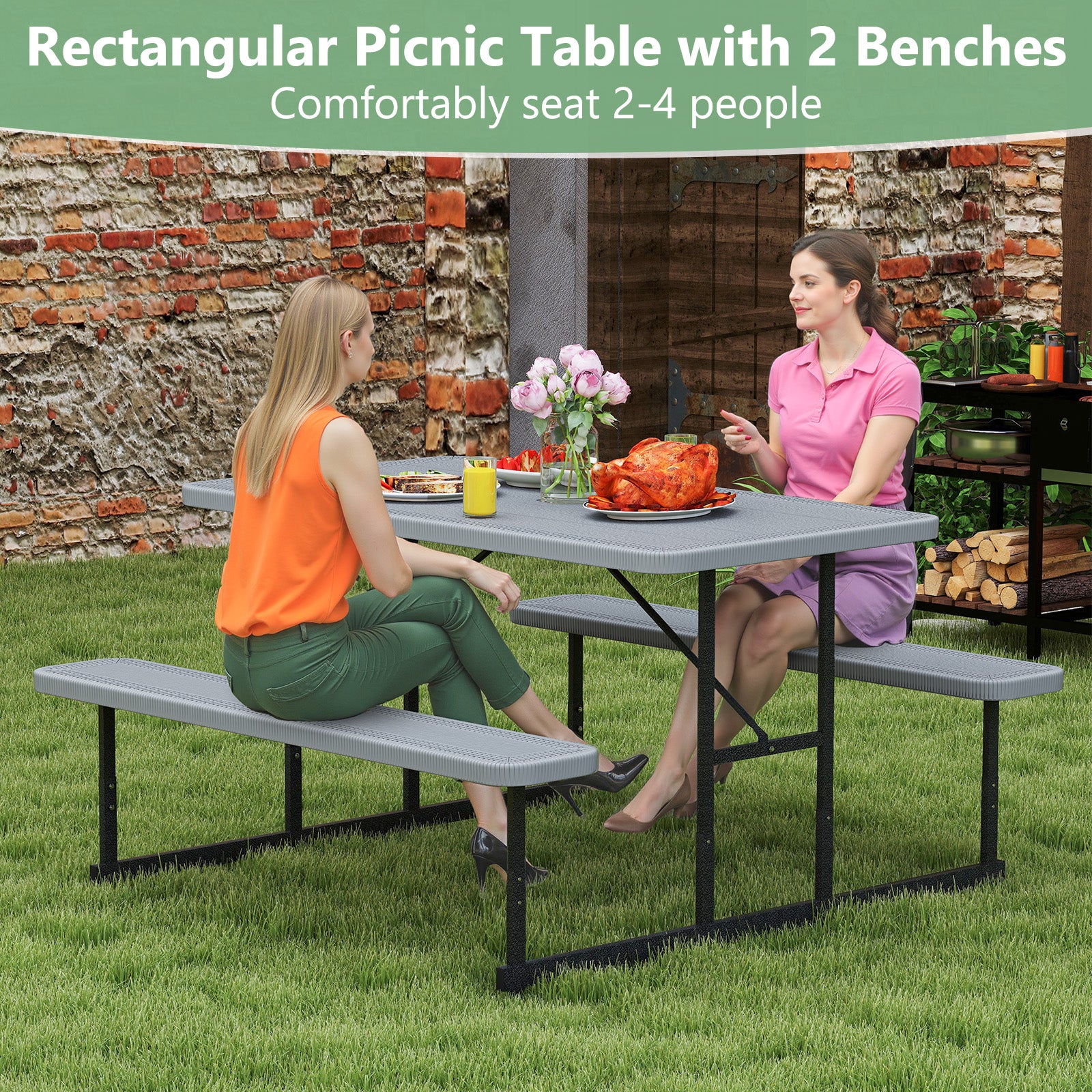 Picnic Table Bench Set for 2-4 People Outdoor Rectangular Camping Dining Table, Gray Picnic Tables at Gallery Canada